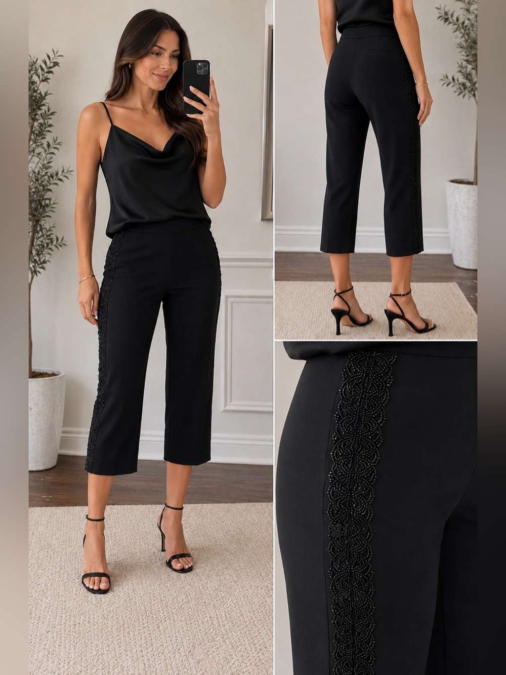 Trina Turk Black Beaded Cropped Dress Pants Size 10 Evening Resort Chic